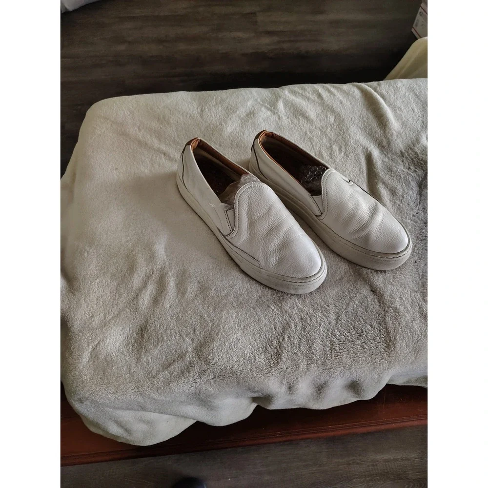 Soludos White Leather Slip On Sneakers Platform Loafers Whipstitch Tan Heel 7.5 - Picture 1 of 4